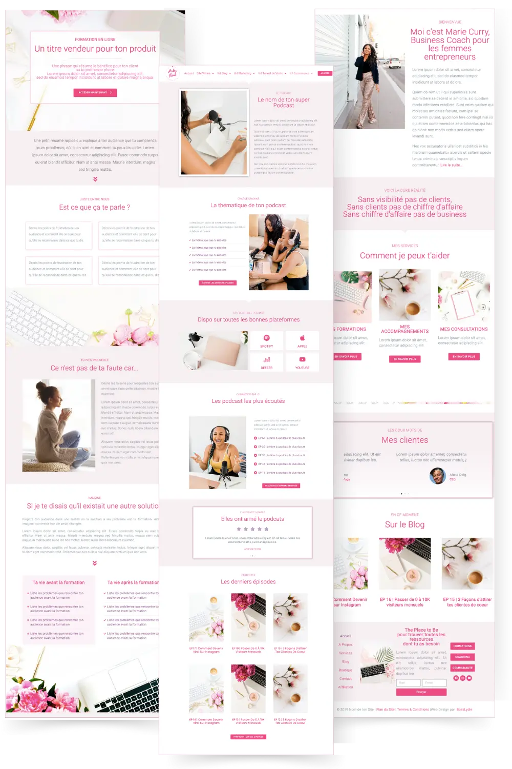 Vignette Collection Pinky template wordpress, elementor, feminine desktop, ipad, femme entrepreneur, coaches, formatrice en ligne, thérapeutes, entrepreneurs spirituelles, holistique, bien être