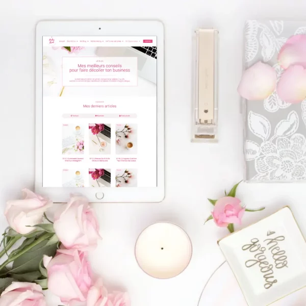 Vignette Kit Blog Pinky, template wordpress, elementor, feminine desktop, ipad, femme entrepreneur, coaches, formatrice en ligne, thérapeutes, entrepreneurs spirituelles, holistique, bien être