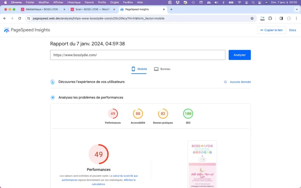 Built in Public N° 1 <br>Relancer son Business après une Pause 2 Built in Public Google Speed Page Mobile Janv 2024