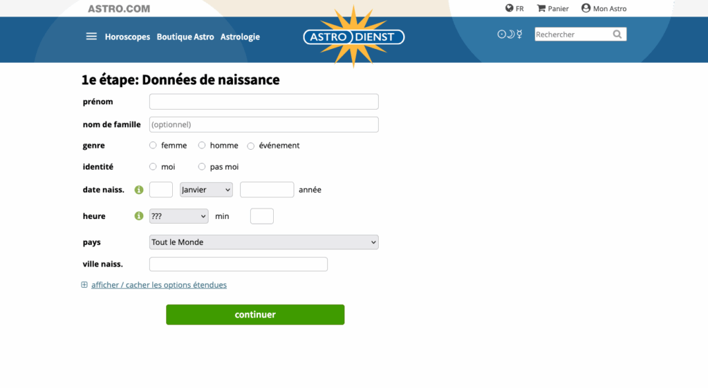 Comment créer ta Carte du Ciel avec Astro.com Etape 3 Remplir ses informations