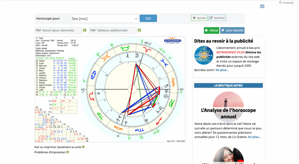 Comment créer ta Carte du Ciel avec Astro.com Etape 5 Les Transits